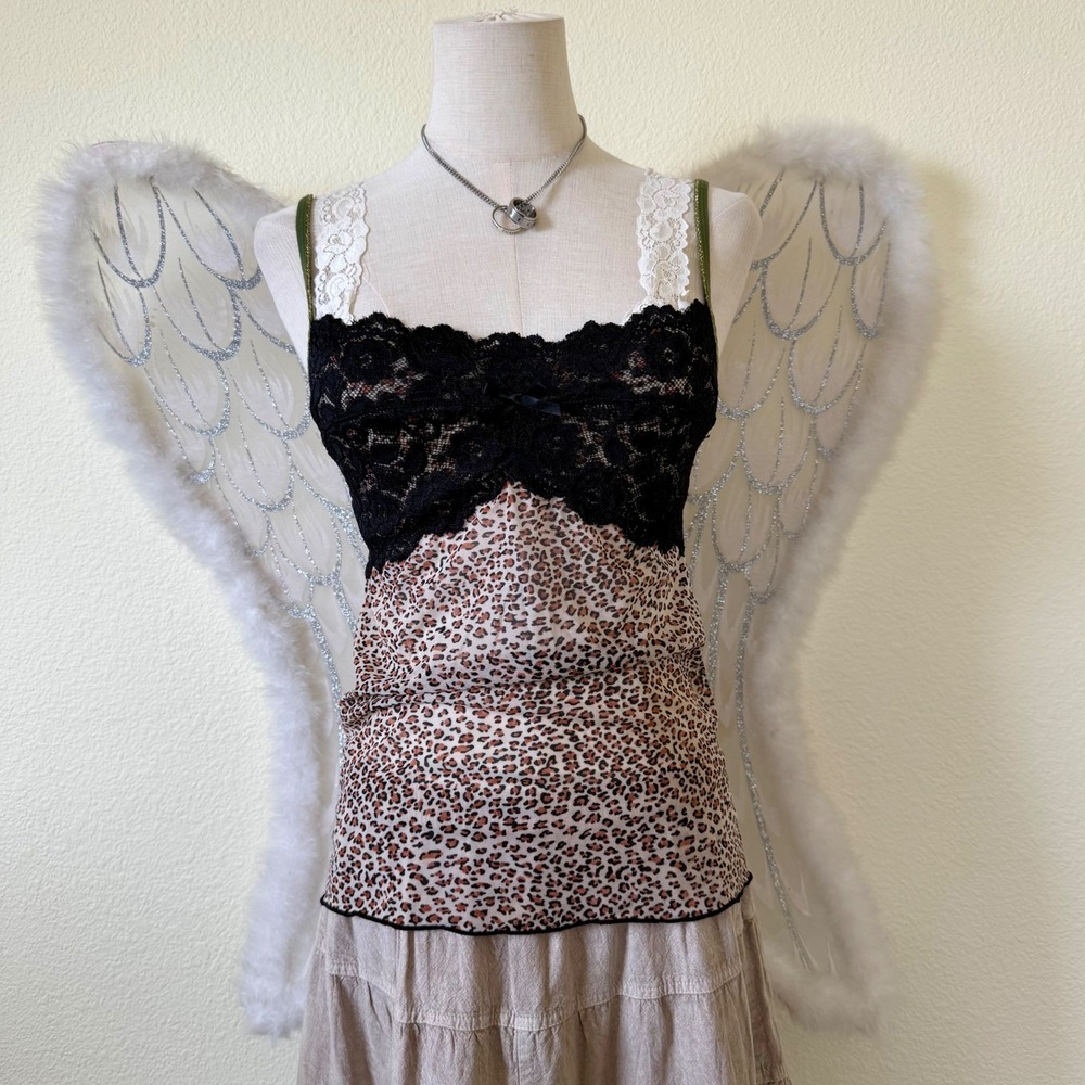 Girly Grunge Y2K Leopard Print Black Lace Cami Top Fitted Mesh Indie Sleaze